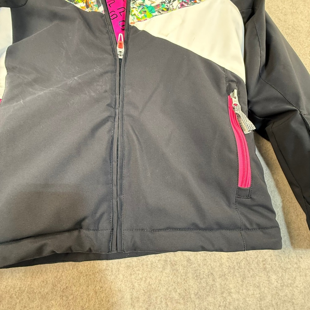 Spyder Kids Ski Jacket Black White Pink Splatter Print Hooded Winter Coat Size 8 - Picture 2 of 8